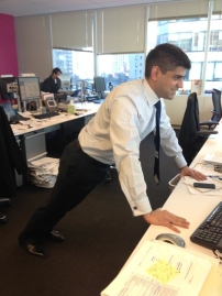 Celebratory INCLINE DESK PUSH UPS after finishing a report at work! Sahil A. of Pennsylvania